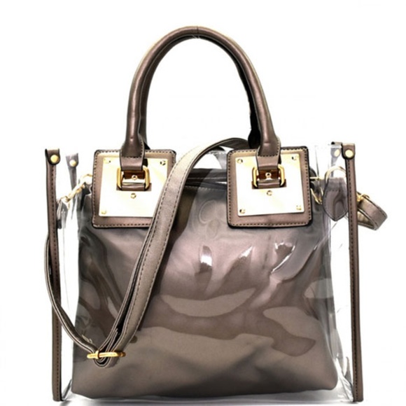 PEWTER AND TRANSPARENT 2-IN-1 SATCHEL TOTE HANDBAG - Picture 2 of 15